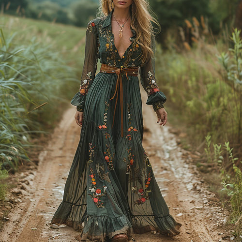 Long sleeved printed dress shirt collar jumpsuit long skirt