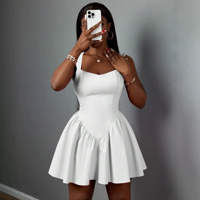 Fashion square collar waist cinched sleeveless puffy dress