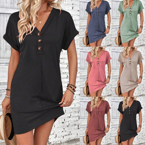 Women's fashion buckle V-neck shoulder solid color dress