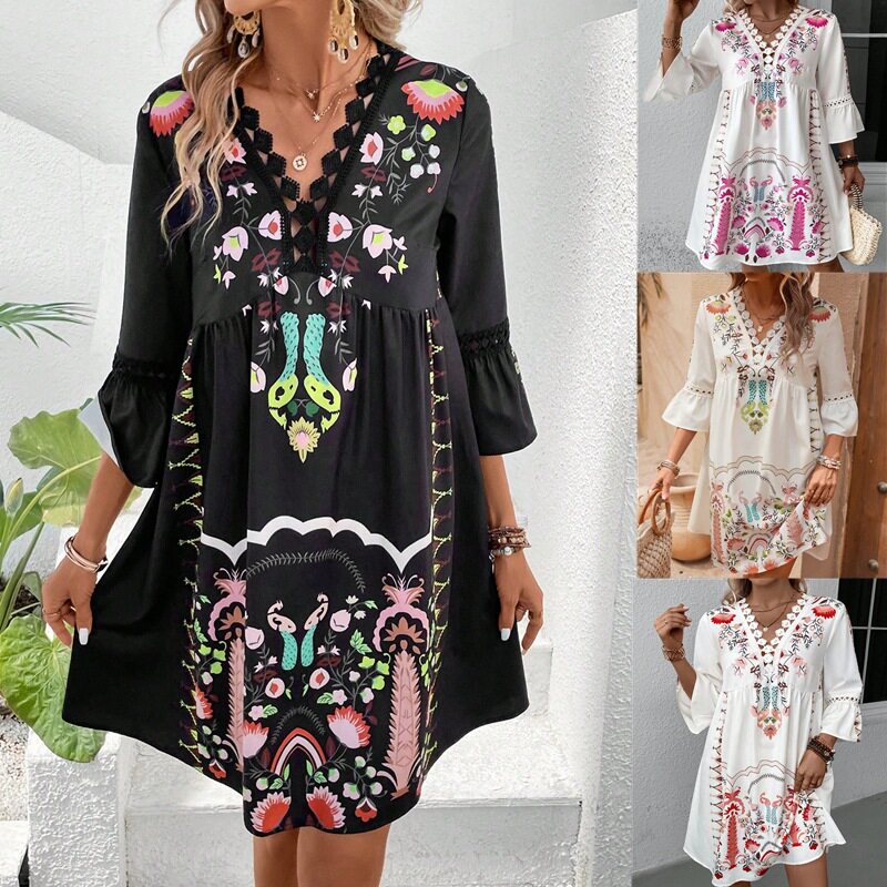 2025 lace patchwork casual versatile printed dress 连衣裙