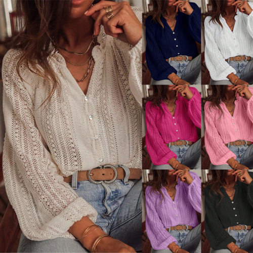 Loose fashion lace V-neck single breasted long sleeved shirt