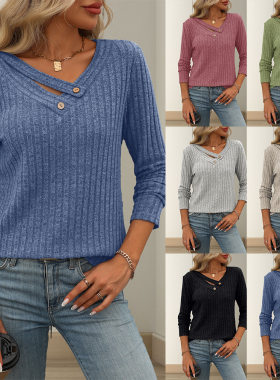 Women's knitted long sleeved button solid color V-neck top