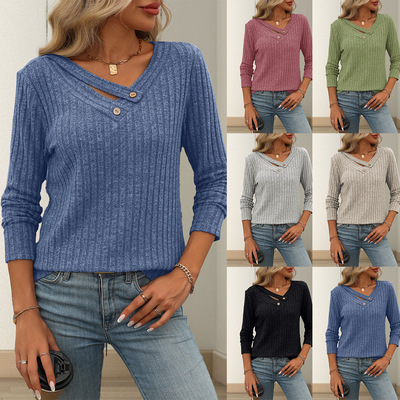Women's knitted long sleeved button solid color V-neck top