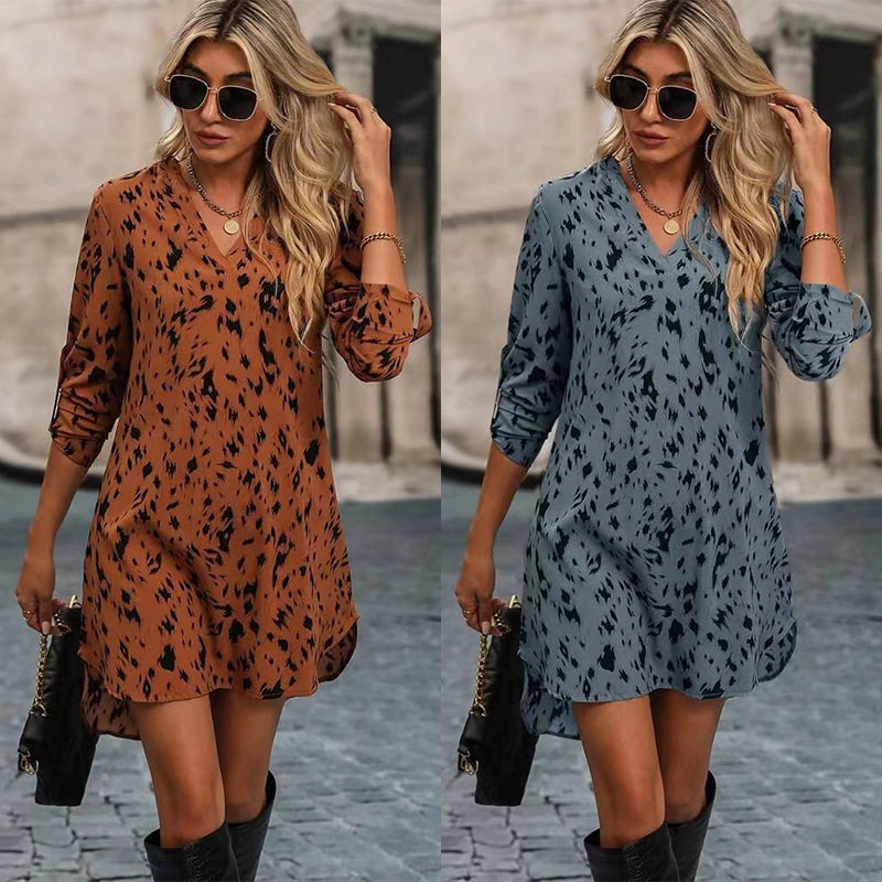 2025 slim leopard print fashionable stand up collar dress