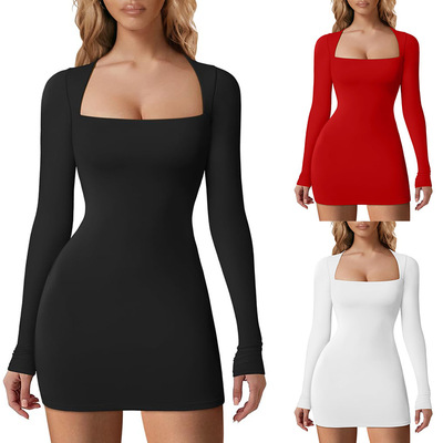 2025 square neck long sleeved solid color hip hugging dress