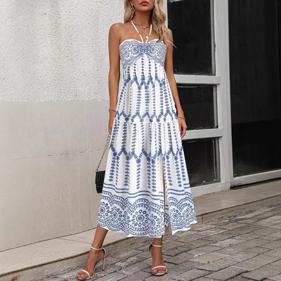 2026 Fashion Print Strappy High-Waisted Long Dress Set 套装