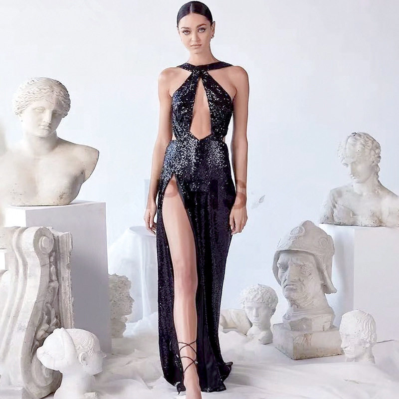 2023 Sequin Open Back Cutout Sexy Split Dress 开叉连衣裙