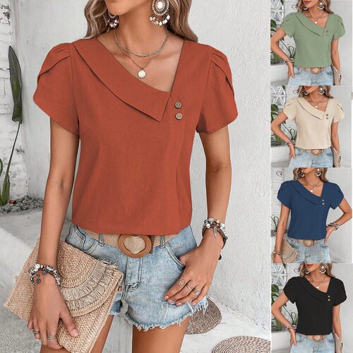 Women summer new slanted neck solid color washed cotton top
