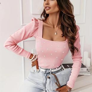 Beaded Long Sleeve 2025 Strip Color Pit Top Solid