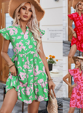 2025 ruffled sleeve loose V-neck printed dress