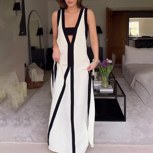 2024sexy V-neck wide shoulder strap contrasting casual dress