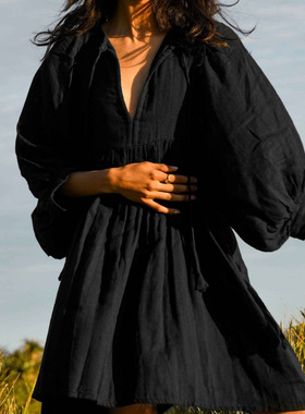 Women's solid color plus loose lantern sleeve casual dress