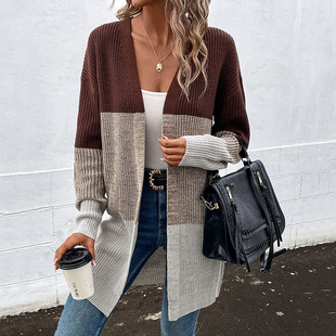 Sweater Women Long 2023 Cardigan Contrast Sleeve 毛衣开衫