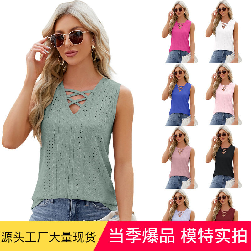 2025 women's solid color jacquard V-neck strap vest 绑带背心