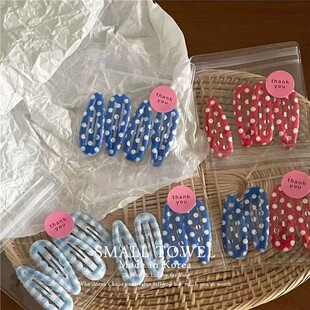 韩国进口少女儿童波点格子红蓝色bb夹侧边夹发卡碎发夹子对夹发饰