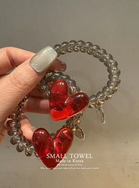 韩国东大门进口高级果冻红色爱心透明电话线发圈皮筋头绳发绳发饰