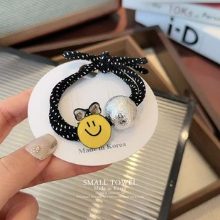 韩国东大门进口少女黄色笑脸珍珠双层皮筋马尾发圈丸子头发绳头饰