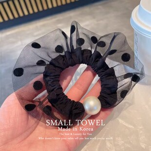 韩国进口黑色网纱波点珍珠小香风发圈马尾皮筋丸子头发绳百搭发饰