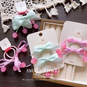 韩国进口春季 少女儿童粉色樱桃蝴蝶结发夹侧边夹对夹发圈皮筋头绳