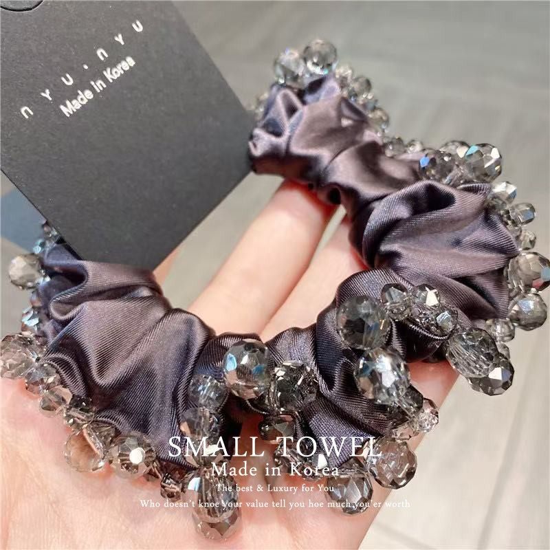 韩国进口高级nyu施华洛水晶钻法式缎面大肠圈马尾发圈丸子头发饰