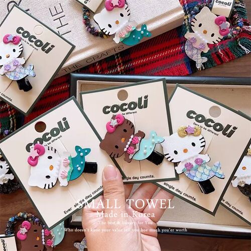 韩国进口少女儿童kt猫美人鱼发夹侧边夹刘海发夹发圈扎头发绳发饰