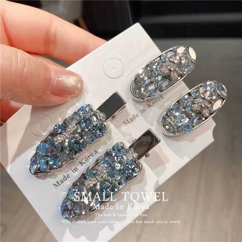 韩国进口法式高级轻奢超闪蓝色满钻水晶对夹鸭嘴夹发卡刘海碎发夹