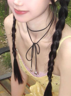钛钢不掉色爱心蝴蝶结绑带皮绳项链女甜酷辣妹脖子颈带秋冬毛衣链