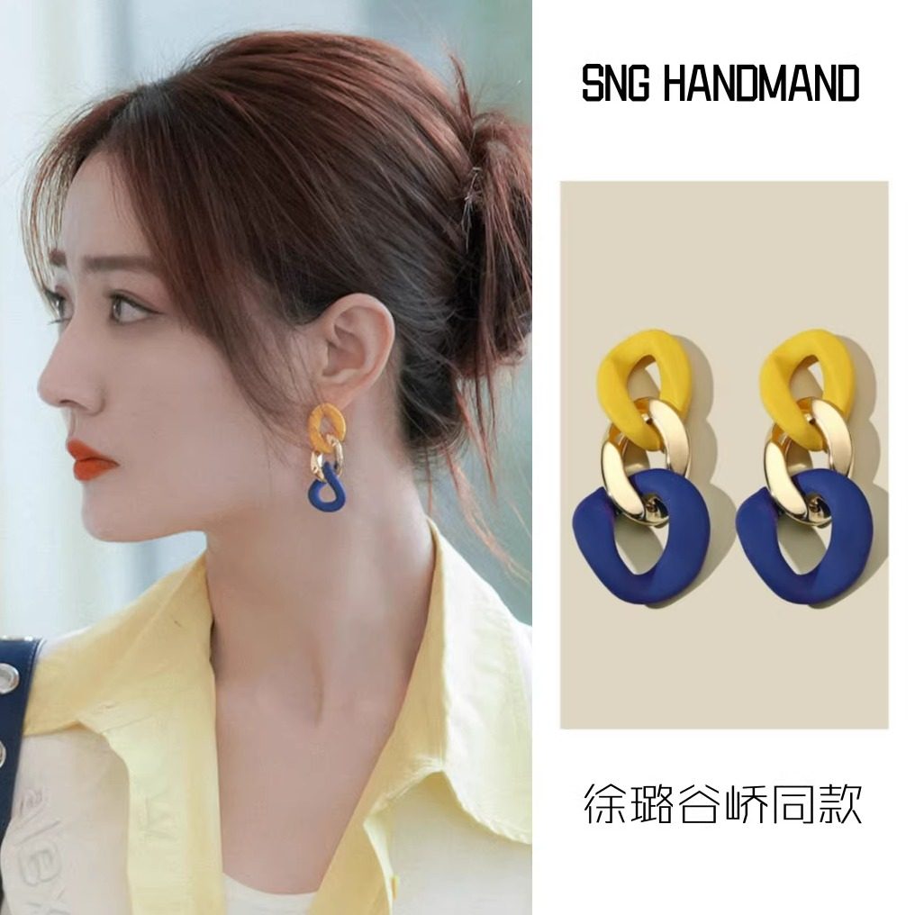 我们的当打之年徐璐谷峤同款S925银针几何撞色链条耳环耳坠耳饰