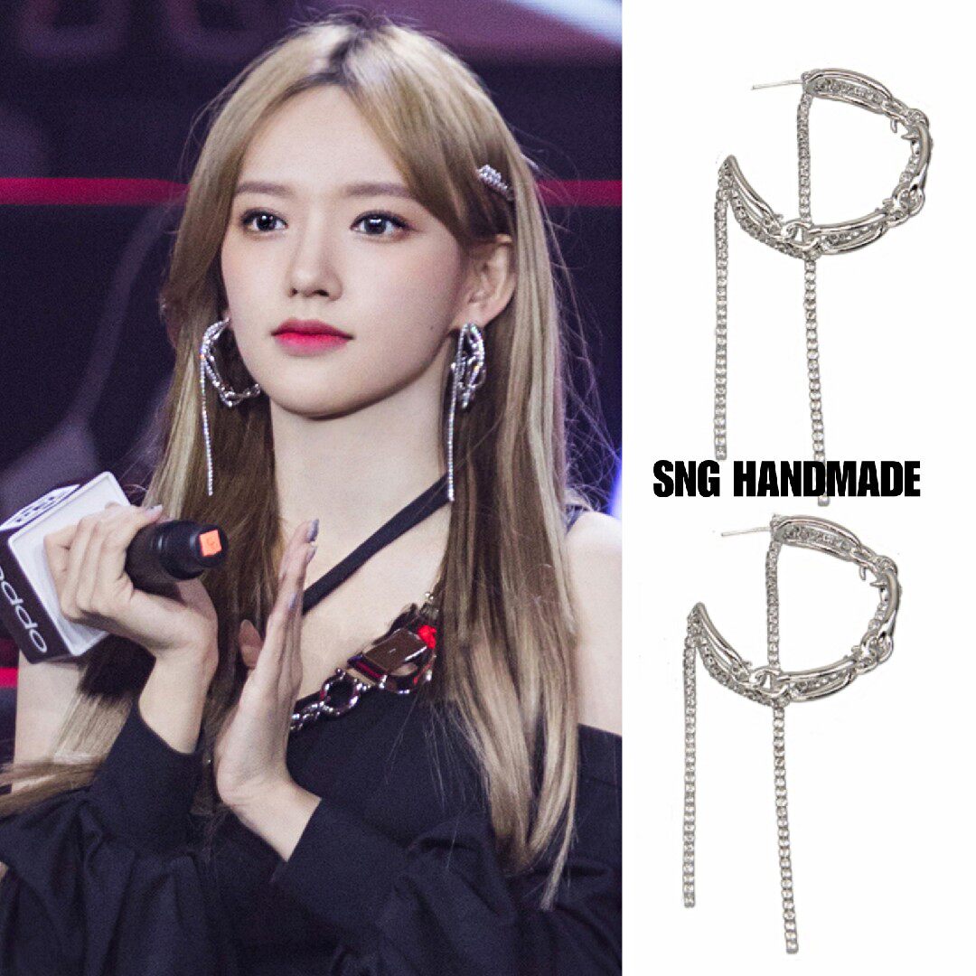 程潇同款S925银针C形个性链条耳环满钻流苏大耳圈大气耳钉气质女