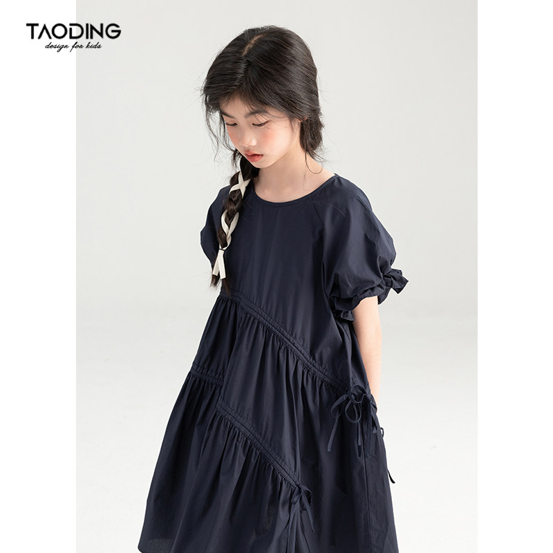 淘町女童连衣裙夏季2025新款中大童休闲宽松纯棉灯笼袖公主裙纯色