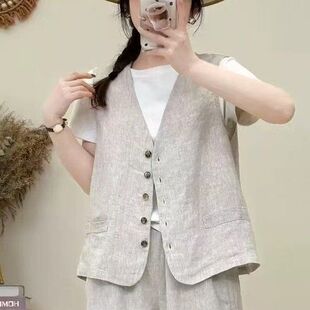 夏薄坎肩棉麻背心上衣女休闲V领马甲女气质开衫无袖麻料马夹外套