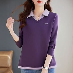 假两件长袖t恤女装秋冬新款洋气妈妈polo体恤衫大码胖mm女士上衣