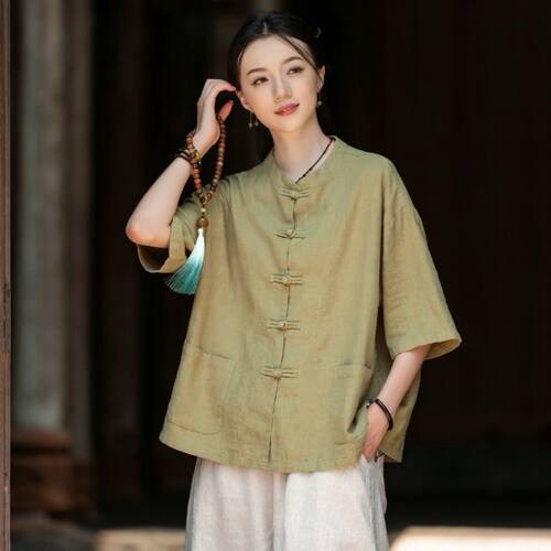 女士新中式棉麻盘扣短袖禅意上衣