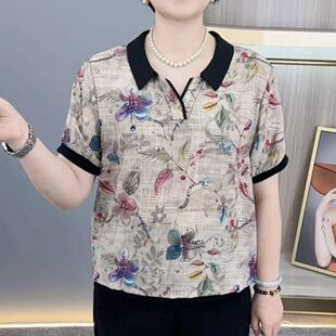 2025夏新款妈妈装洋气印花雪纺短袖上衣宽松显瘦中老年百搭T恤女