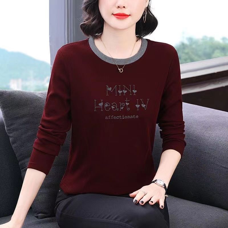 酒红色长袖T恤女新款休闲上衣