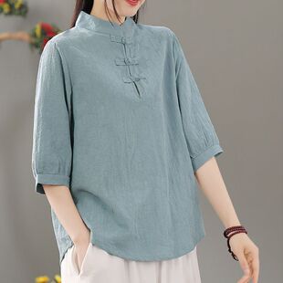 捡漏~专柜尾单剪标复古盘扣棉麻提花衬衫女宽松短袖上衣