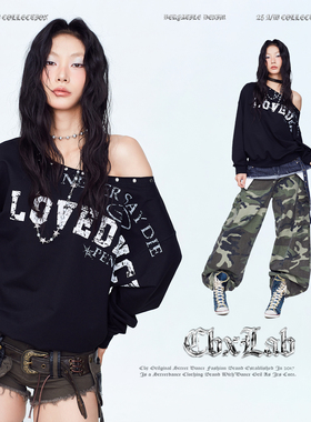 CBXLAB街舞潮牌黑色斜肩辣妹铆钉长袖卫衣爵士街头显瘦个性上衣女