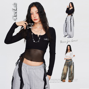 爵士跳舞显瘦美式 长袖 上衣女 辣妹飘带修身 CBXLAB街舞潮牌流苏工装