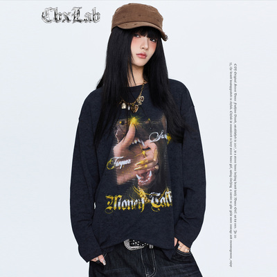 CBXLAB街舞潮牌斑驳烫金做旧嘻哈宽松上衣美式辣妹跳舞长袖卫衣潮