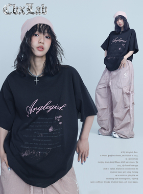 CBXLAB街舞潮牌黑色涂鸦做旧夏季宽松T恤美式复古街头辣妹短袖潮