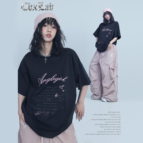 CBXLAB街舞潮牌黑色涂鸦做旧夏季宽松T恤美式复古街头辣妹短袖潮