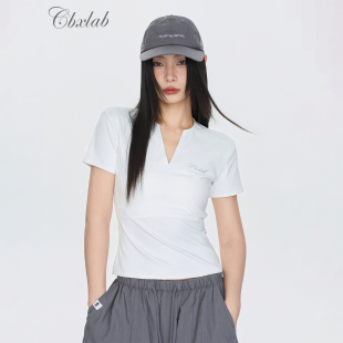 CBXLAB街舞潮牌V领高弹辣妹春夏透气抑菌短袖 高街上衣女 性感修身