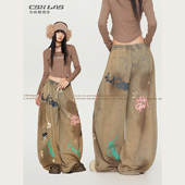 辣妹街头水洗休闲裤 CBXLAB街舞潮牌废土嘻哈涂鸦做旧牛仔长裤 美式