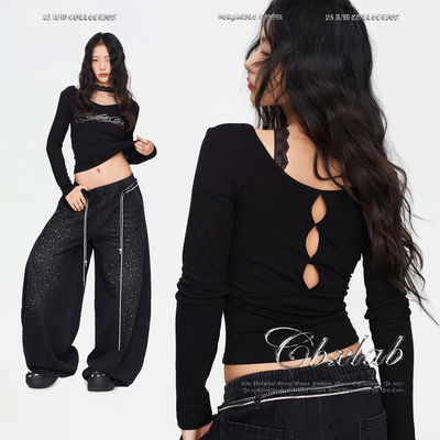 CBXLAB街舞潮牌黑色Y2K辣妹修身蕾丝颈圈上衣性感美式露背长袖女