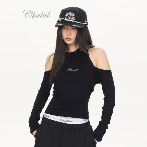 CBXLAB街舞潮牌美式性感漏肩连帽夏季上衣kpop辣妹机能跳舞小衫女