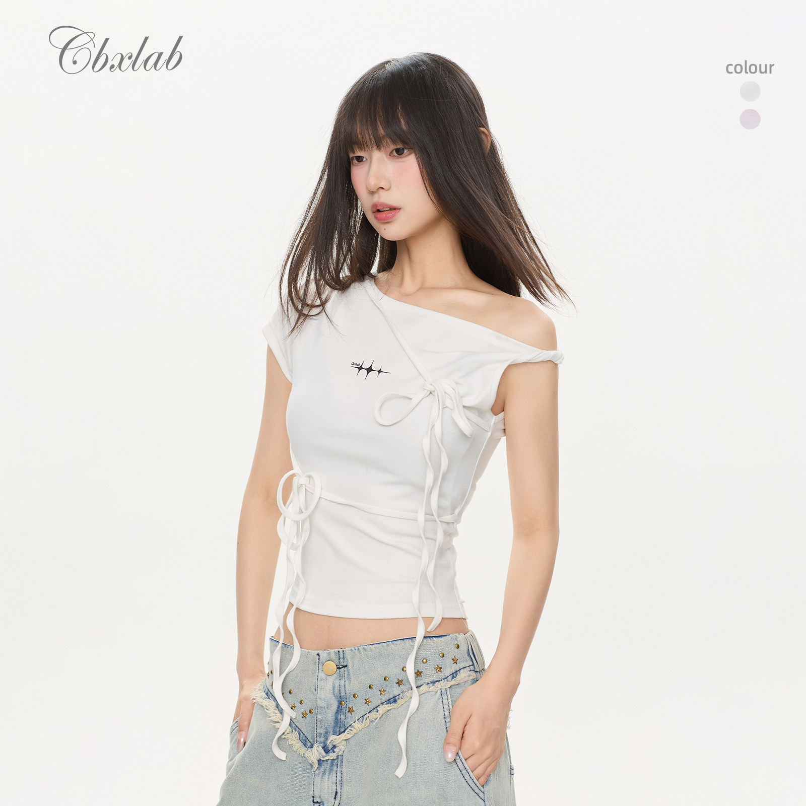 【凉皮系列】CBXLAB街舞潮牌斜肩飘带紧身辣妹爵士水系抒情上衣女