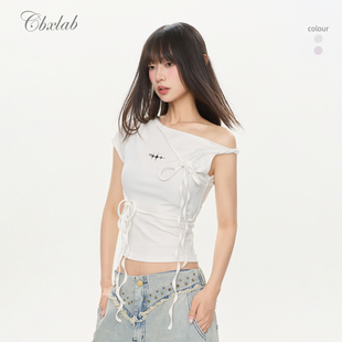 【凉皮系列】CBXLAB街舞潮牌斜肩飘带紧身辣妹爵士水系抒情上衣女