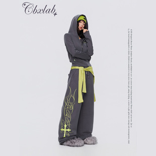 CBXLAB街舞潮牌深灰美式复古运动套装辣妹连帽外套嘻哈撞色长裤