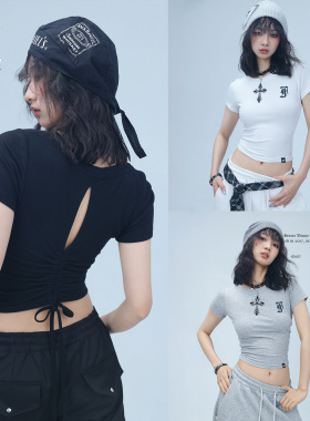 CBXLAB街舞潮牌后背抽褶镂空性感修身短袖kpop辣妹简约美式上衣女