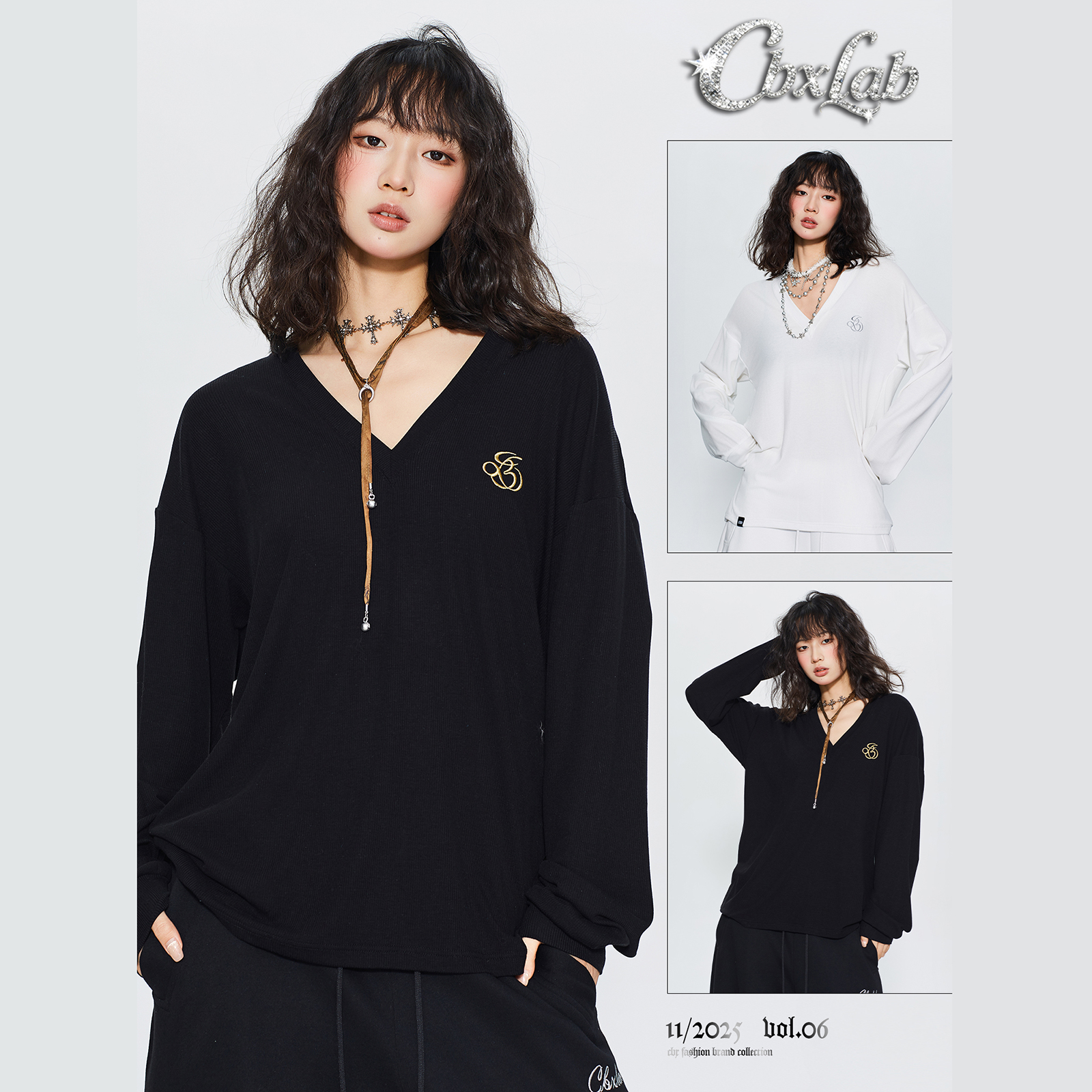 CBXLAB街舞潮牌慵懒简约亲肤高弹V领长袖爵士辣妹老钱风跳舞上衣